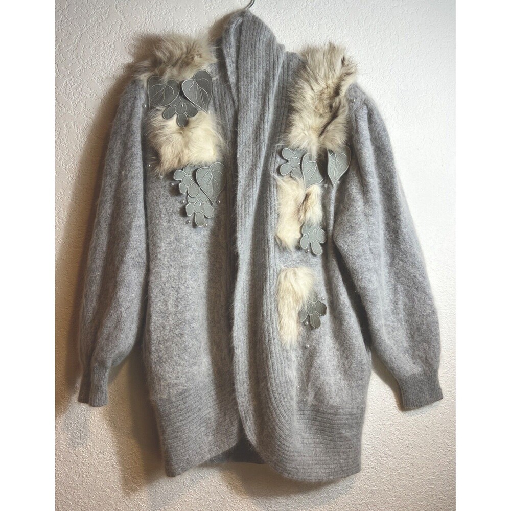POSITIVE IMAGE Vtg 80s Grey Mohair Wool Rabbit Fur Patches Cardigan-Bust 44” L